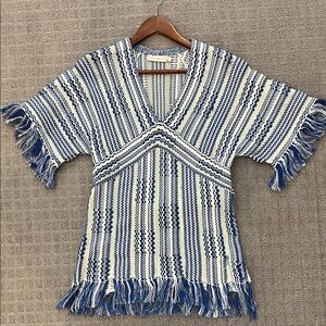 Tory Burch Blue and White Striped Fringe V-Neck Tunic